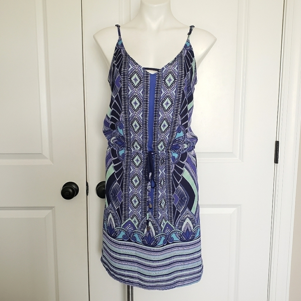Mercer & Madison Geo Stripe Blue Green Sleeveless Drawstring Waist Dress 4